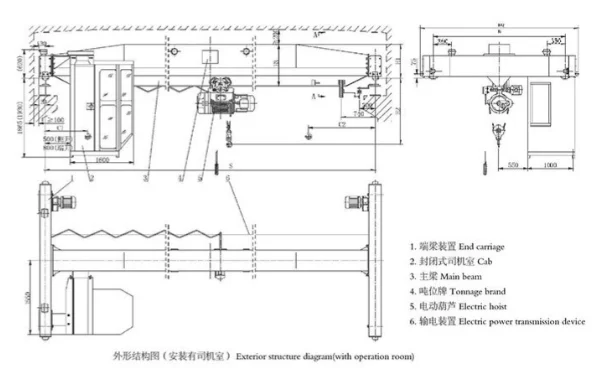 overhead crane parts diagram showing girder, drum, sheaves and hook