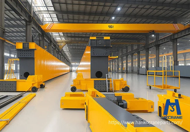 Industrial overhead crane operating smoothly in a factory showcasing zero downtime through regular crane preventive maintenance