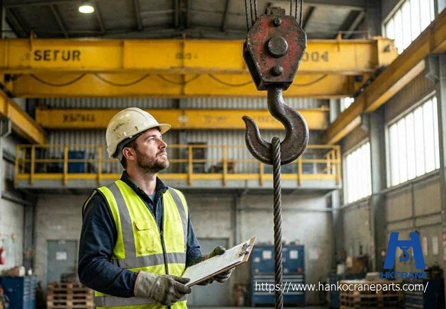 Daily crane preventive maintenance, operator inspecting overhead crane hook and wire rope