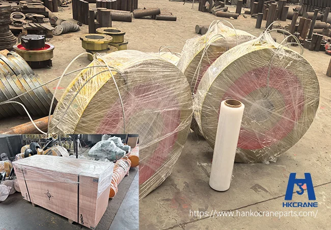 Export wooden crate with crane wheel assembly strapped inside, anti-corrosion wrapped, ready for overseas shipping
