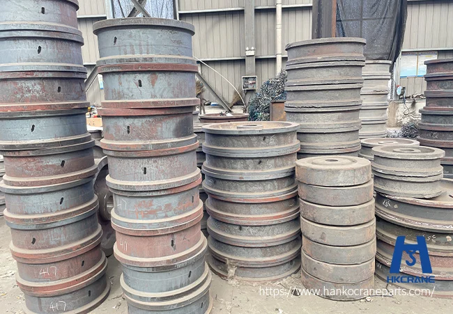 Forged crane wheel blank with machined tread ready for heat treatment