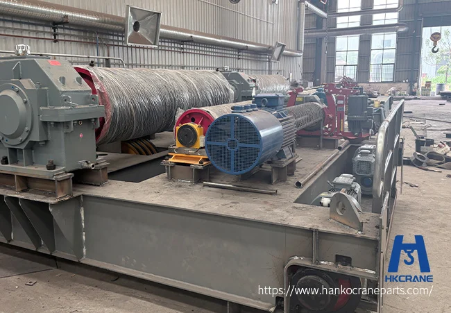 Gantry crane parts supplied by Hanko: forged wheels, hooks, wire rope drums, sheaves and storm brakes