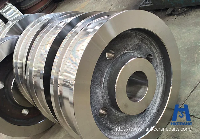 Close-up of a machined crane wheel tread and rim in the Hanko workshop