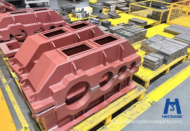 Close-up of machined crane gearbox gears and housing in the Hanko workshop
