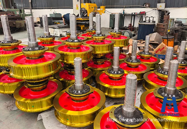 Crane wheel hardness requirement: finished crane wheels lined up in the Hanko workshop