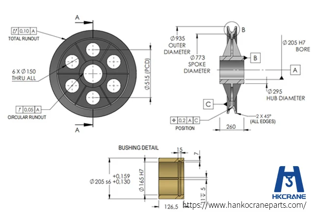 Crane sheave drawing with key dimensions and bushing details for a made-to-drawing order