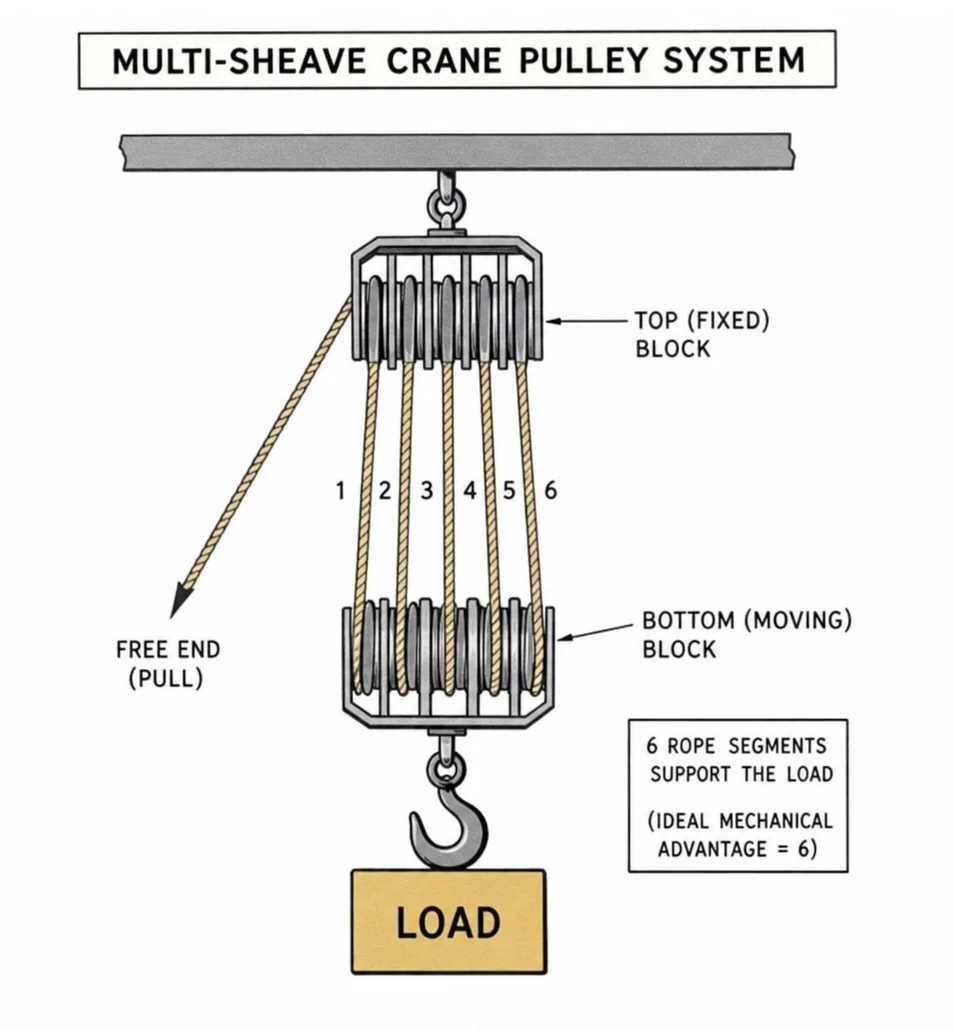 diagram of multi-sheave crane pulley system showing rope segments